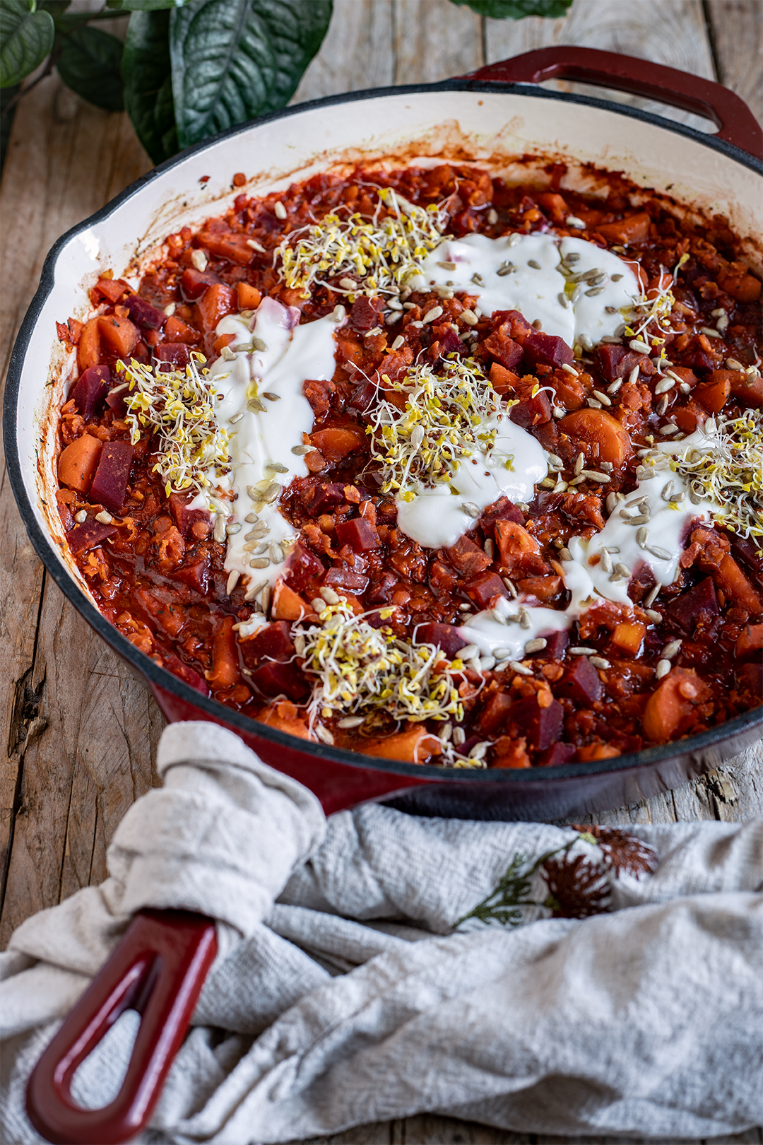 Rote Bete Linsen Pfanne, vegan, in der Pfanne serviert mit Pflanzenjoghurt, Brokkolisprossen und gerösteten Sonnenblumenkernen